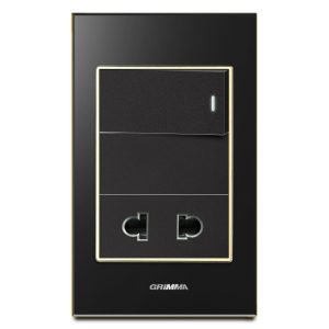 Bộ công tắc đơn 1 chiều và ổ cắm 2 chấu Grimma, mặt kính cường lực đen G6 series G6GLBK12SK2