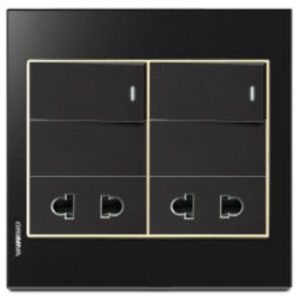Bộ 2 công tắc 1 chiều và 2 ổ cắm 2 chấu Grimma, mặt kính cường lực đen G6 series G6GLBK212SK2